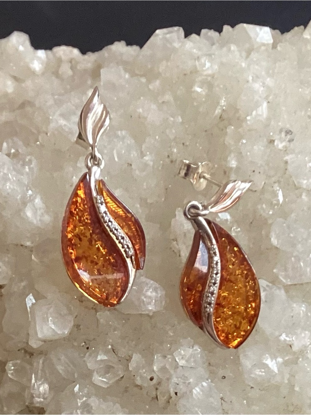 Sterling Silver Amber Stone Teardrop Earrings
